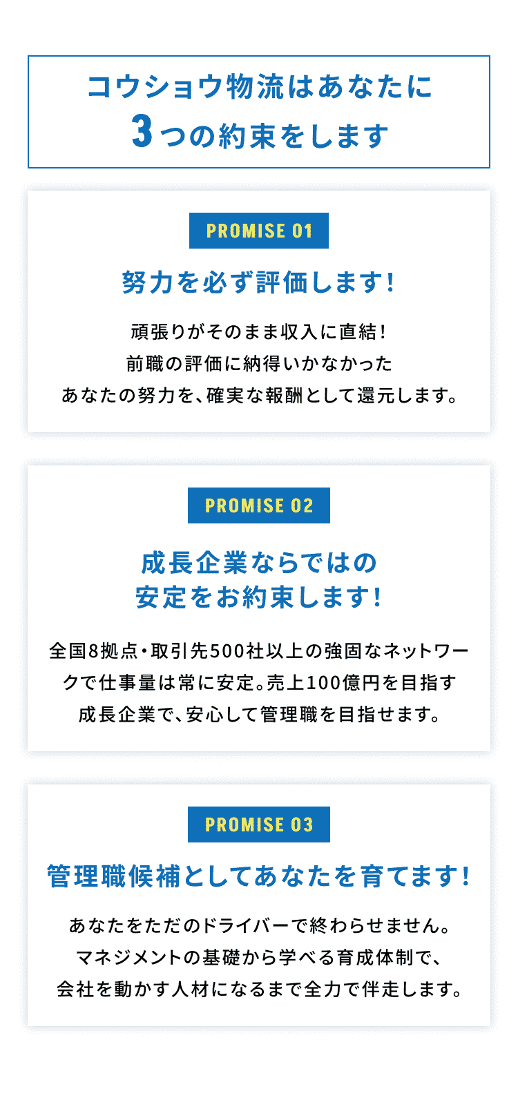 コウショウ物流の3つの約束：努力を必ず評価します、成長企業ならではの安定をお約束します、管理職候補としてあなたを育てます